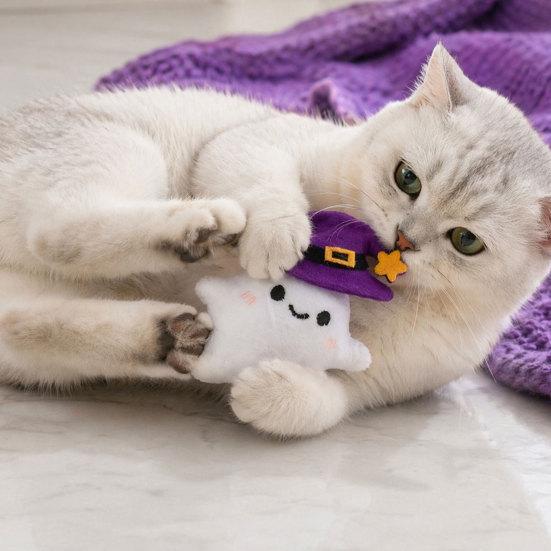 jijijing Halloween Theme Cat Toy, Soft Ghost Bat Pumpkin Plush Cute Stuffed Chew Toy for Indoor Cats Boredom Relief