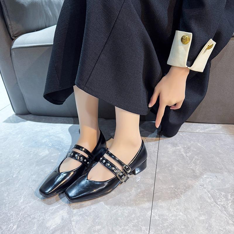 Fashion 2025 New Spring Autumn Women Double Buckle  Shoes Leather Square Head Square Heel Solid Color Women's Shoes