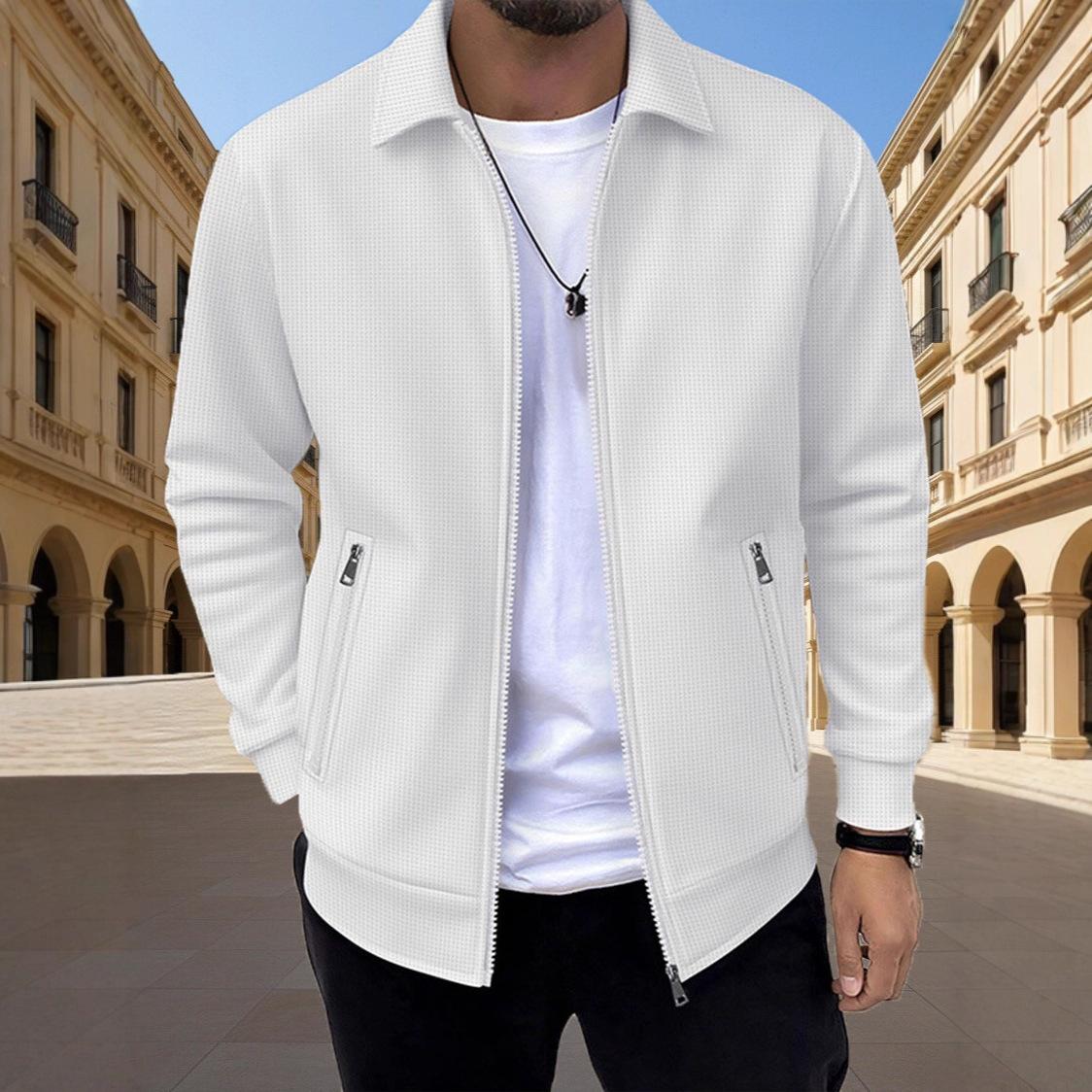 

2025 Men s Spring and Autumn Zipper Pocket Lapel Solid Color Casual Slim Cardigan Men s Jacket Coat S