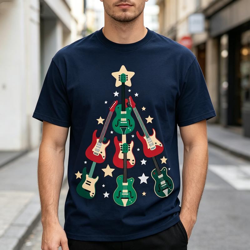 Guitar Christmas Tree Graphic Tee for Unisex Unisex Music Lover T Shirt Casual Holiday Top
