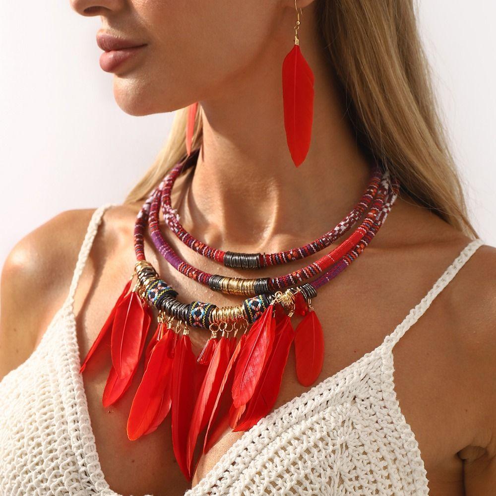 Vintage Feather Tassel Necklace Multilayer Ethnic Jewelry Set Bohemian Necklace  Dating Accessories