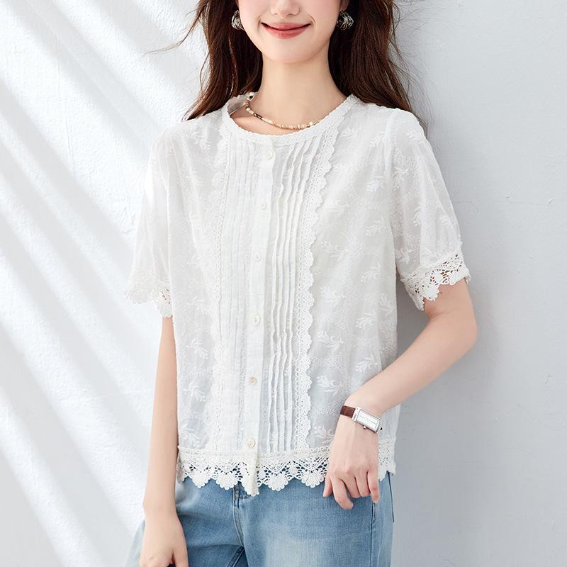 

Кружево Кружево Белая Рубашка для Женщин Летняя Новинка с Коротким Рукавом Круглый Вырез Вышитый Топ Чистый Хлопок Женская Рубашка XXL белый