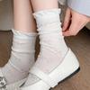 1 Pair Summer Lightweight Girls Sock Jacquard Bow Ruffle Calf Sock for Schoolgirl Sweet Soft Cotton Elastic Pile Loose Sock