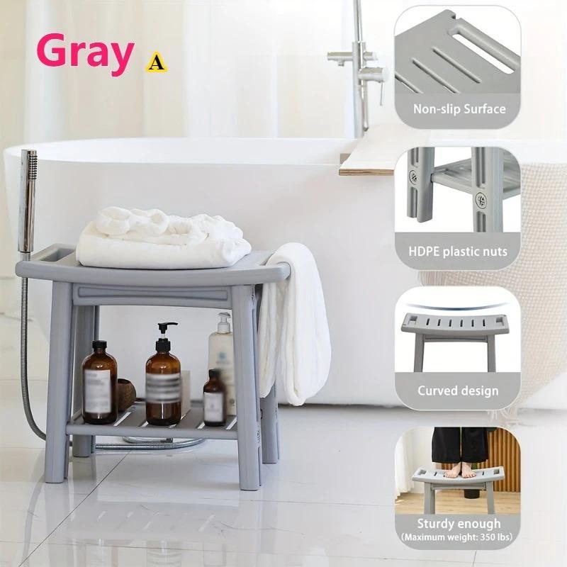 Non-Slip Home Bathroom Shower Stool Mold-Resistant Storage Seat White Plastic Storage Bench with Shelves Bath Shower Essentials