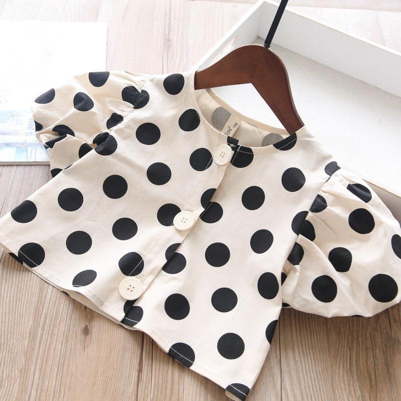 Girl's Summer Polka Dot Suit Middle and Large Baby Temperament Cute Bubble Sleeve Top + Wide Leg Pants Loose Leisure Two-piece Suit