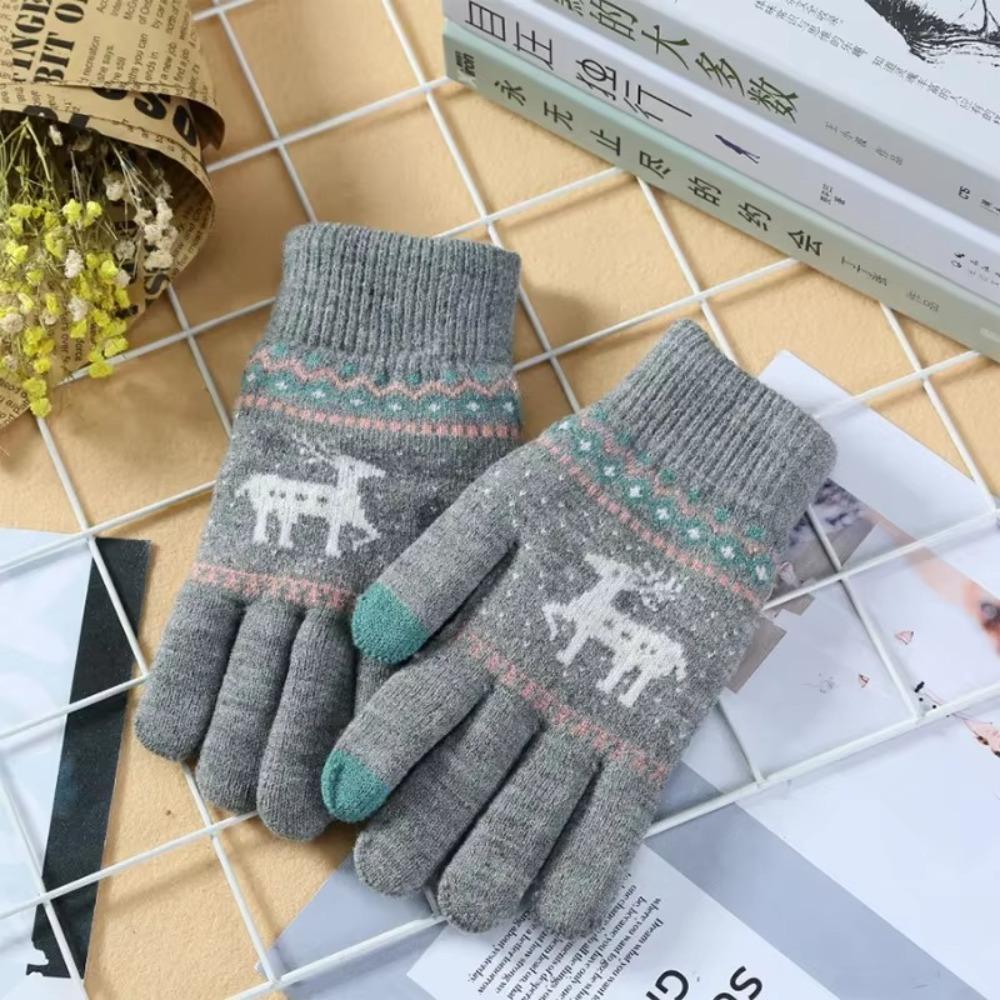 Touch Screen Winter Knitted Gloves Knitted Deer Full Finger Mittens Durable Riding Gloves  Outdoor