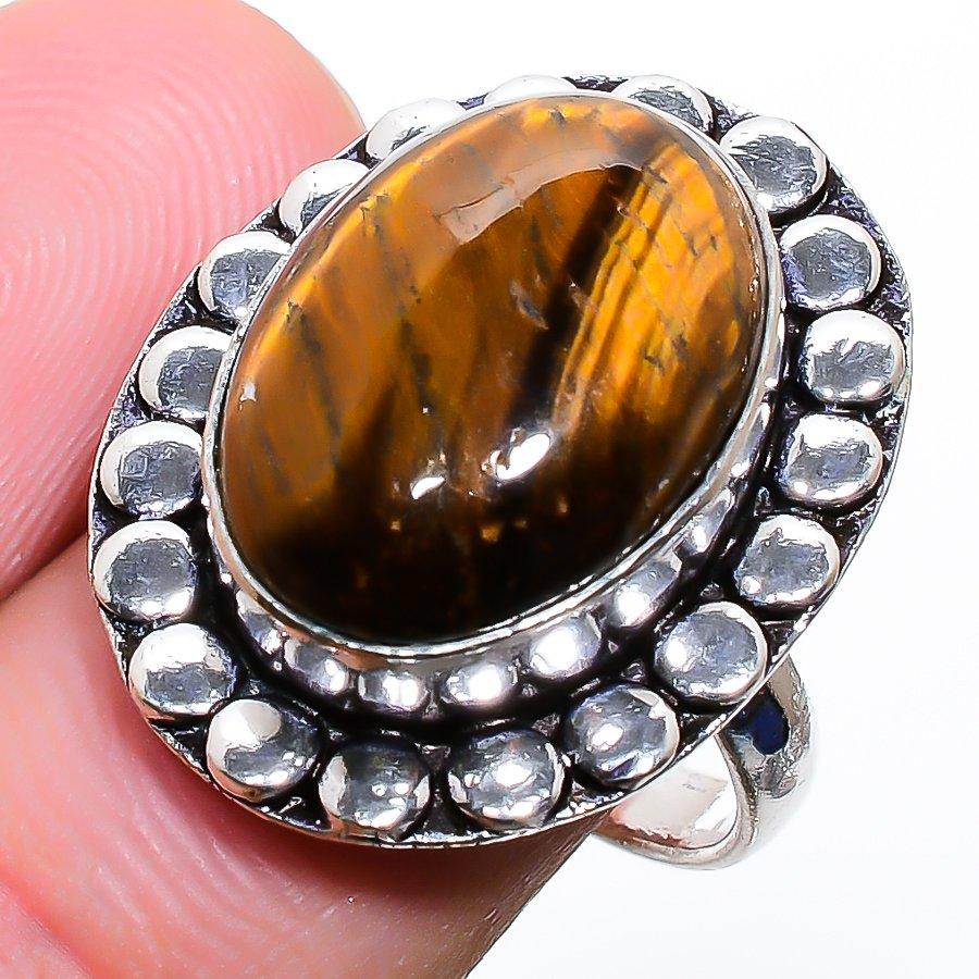 Pietra Preziosa Occhio di Tigre Fatto a Mano Gioiello in Argento Sterling 925 Anello Misura 6