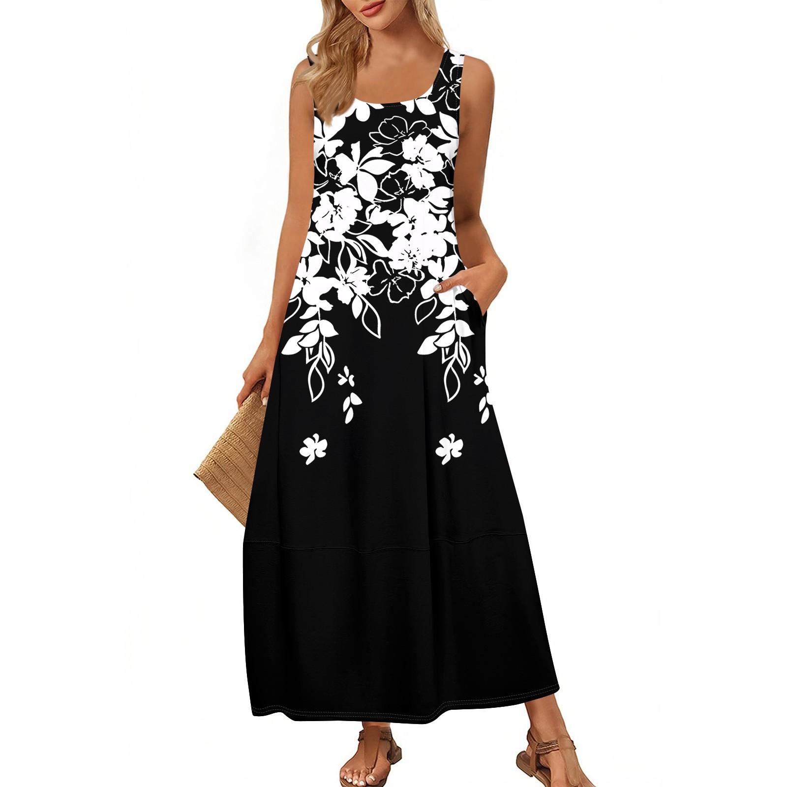 

Женская модная повседневная юбка макси, летняя пляжная юбка с круглым вырезом, без рукавов, свободный сарафан с цветочным принтом L чёрный