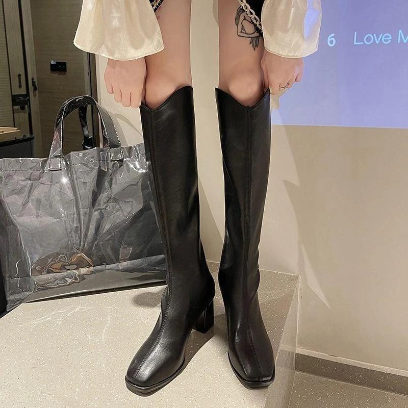 Fashion Square Toe Warm Elegant Heeled Long Boots for Women Designer Luxury Gothic Pu Cosplay Waterproof Hot Knee High Shaft Shoes Woman