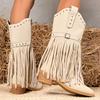 Street Style Rivet Tassel Boots Women  New Beige Plus Size 36-43 Mid-Calf Boots for Woman Pointed Toe Zipper Up Botas Female