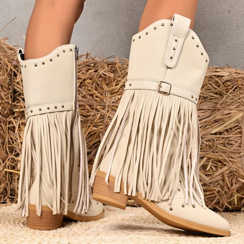 Street Style Rivet Tassel Boots Women  New Beige Plus Size 36-43 Mid-Calf Boots for Woman Pointed Toe Zipper Up Botas Female