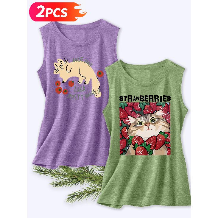 Follow a Specific Direction Two-piece Women's Vest Set Funny Cat Doodle Print Elegant Summer Party Outfits Sleeveless Vest Essential Fashion Items