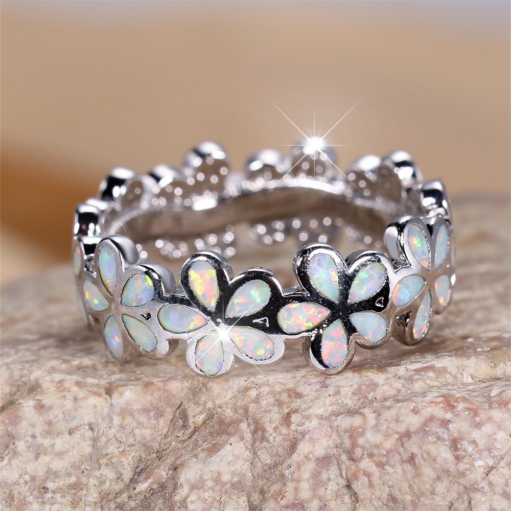 Cute Plumeria Flower White Fire Opal Rings For Women Vintage Silver Color Engagement Bands Jewelry Christmas Gifts