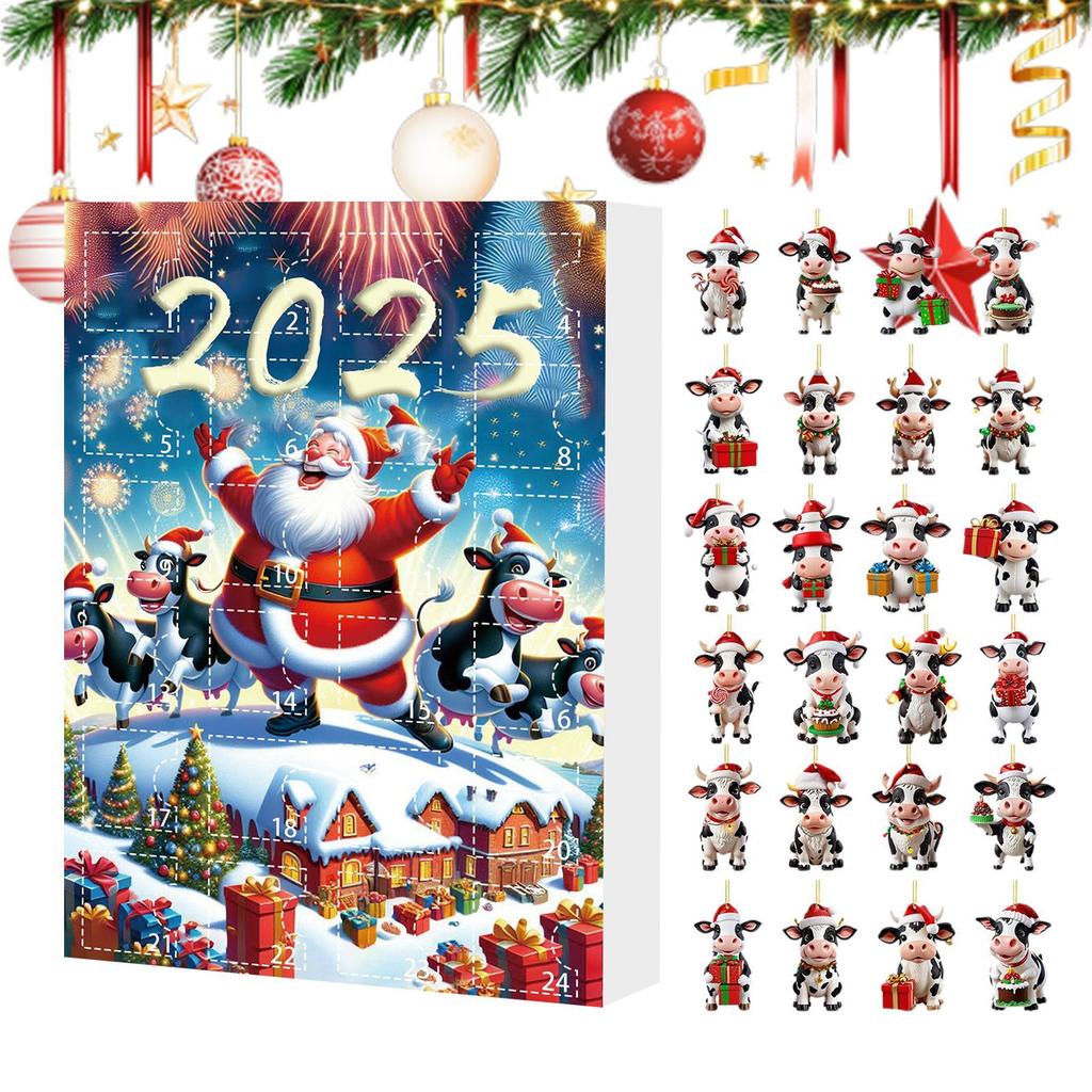 Cow Christmas Calendar 24 Days Cartoon Animal 2D Acrylic Hanging Ornaments Festive Countdown Calendar Christmas Tree Decorations