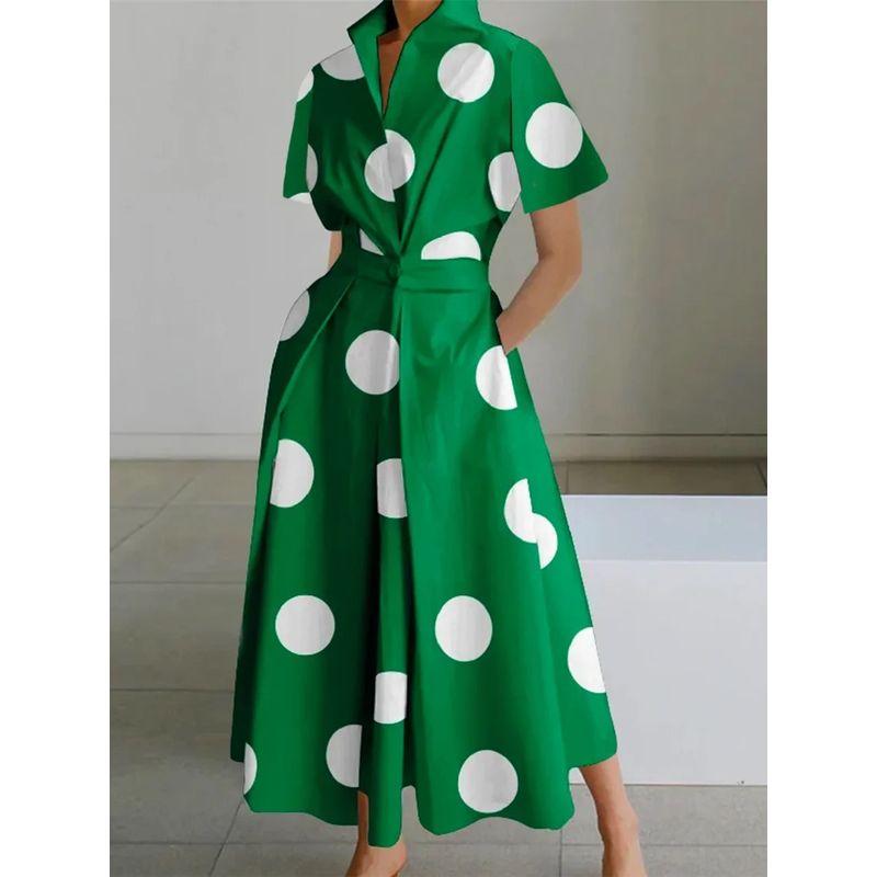 

Women Casual Shirt Dress Fashion Fashion Shirt Elastic Waist Large Swing Dress Green white dot 3XL