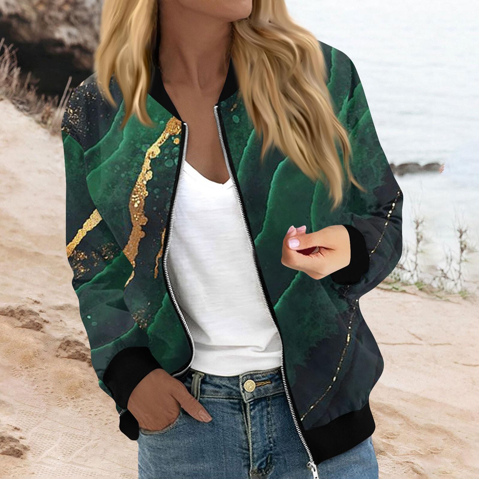 

Женская мода повседневная куртка с градиентным принтом на молнии с карманами XL зелёный