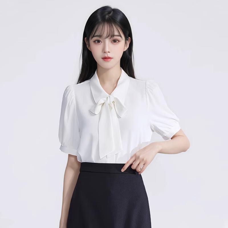 Women's Detachable Bow Short Sleeve Chiffon Blouse