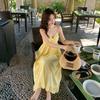 2026 new summer light yellow plaid holiday style backless dress, dopamine island beach neck dress