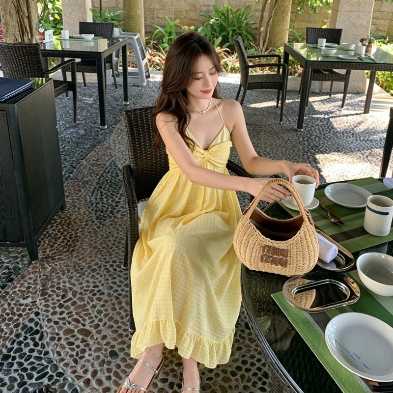 2026 new summer light yellow plaid holiday style backless dress, dopamine island beach neck dress