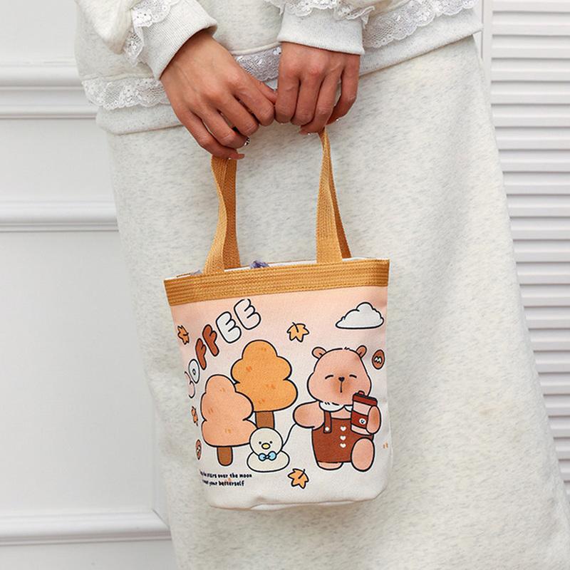 1Pc Large Capacity Capybara Canvas Bags Cartoon Patterns Lightweight Student Document Bag Shopping Bag Cute Casual Handbag