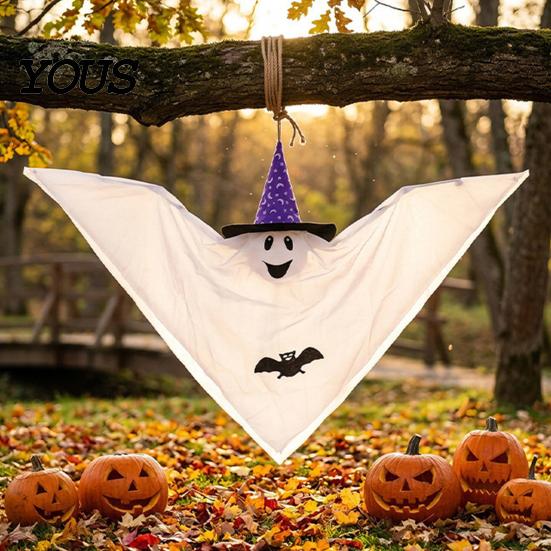 Ghost Decoration for Yard Halloween Hanging Decoration, Cute Flying White with Witch Hat Wind Flowing And Bat Pattern Indoor Outdoor Patio