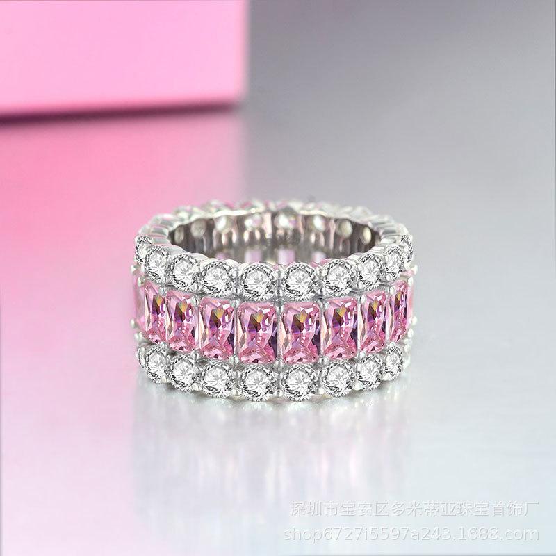 Three-color Fashion Personality Exaggerated Design Ring Female Tide Dance Ring Niche T Square Diamond Colored Zircon