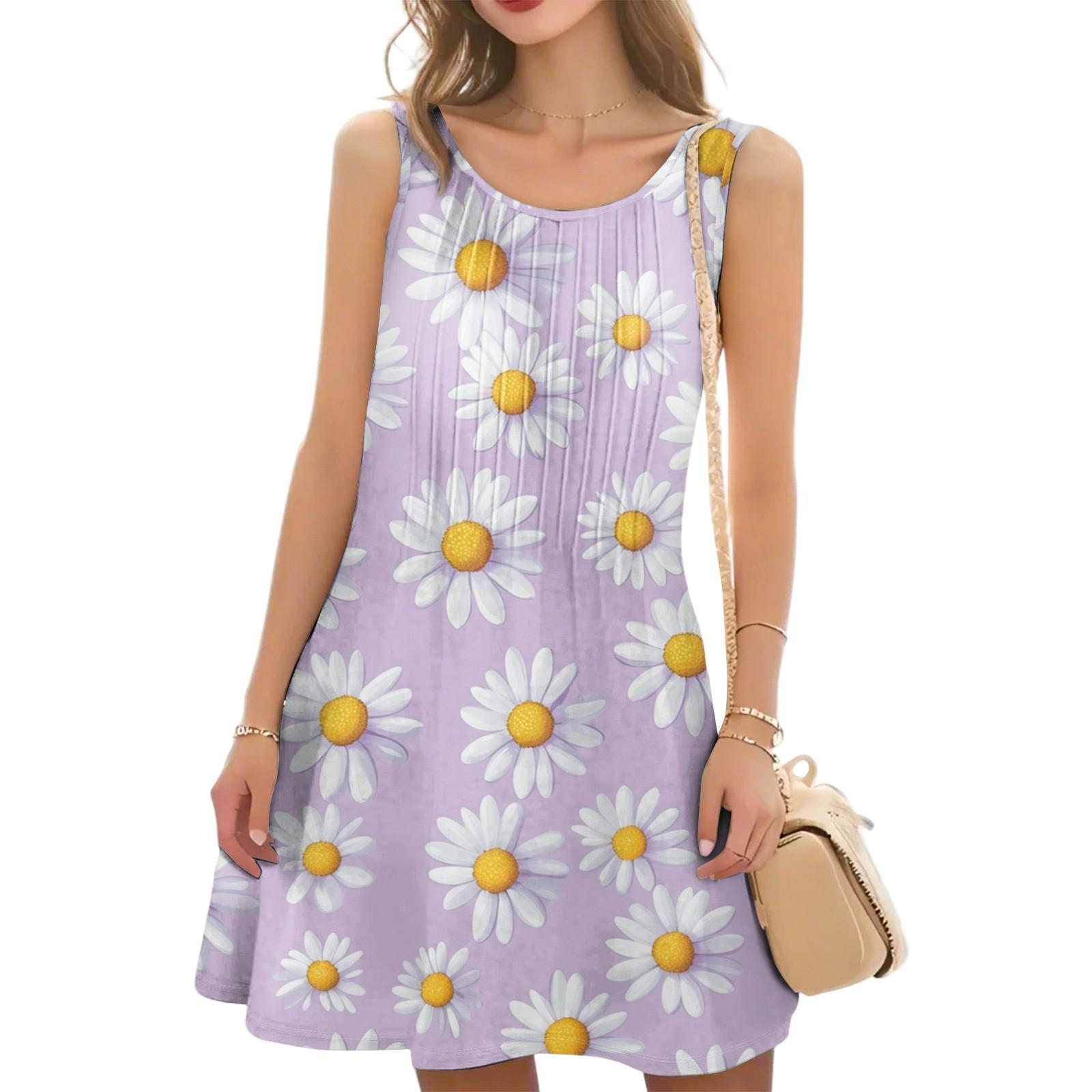 Women s Casual Fashion Floral Print Round Neck Sleeveless  Dress S