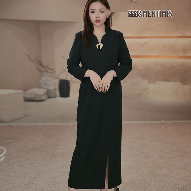 

Man Ti Mi Si Retro Style Black Long Sleeve Plus Size Slimming Slit Dress for Women XL чёрный