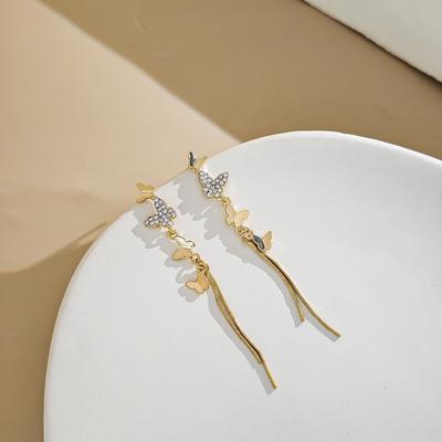 Fashion Long Tassel Butterfly Earrings with Elegant Zircon Stone, Versatile for Work or Party