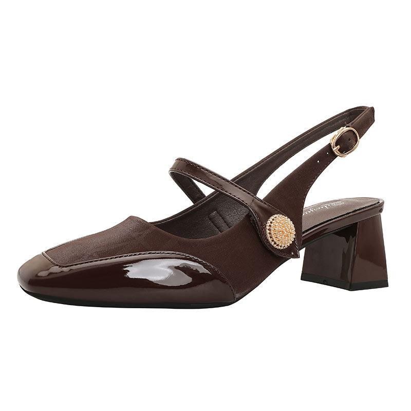 French high heels thick heel 2025 new large size women's shoes square head empty single shoes women's middle heel fashion bag head sandals