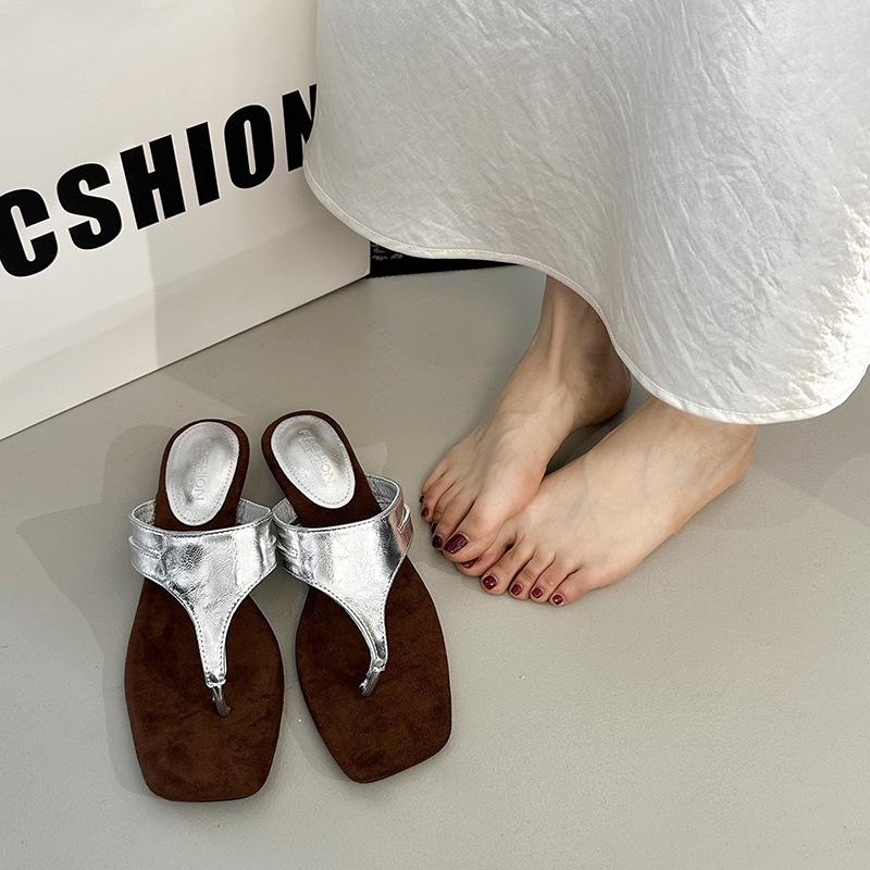 

Французский нишевый дизайн шлепанцы на танкетке женская уличная обувь 2025 лето новинка серебристые римские сандалии 35 серебряный