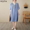 MOJTA Summer Embroidered Short-sleeved Dress Loose All-match Cotton Mid-length Skirt