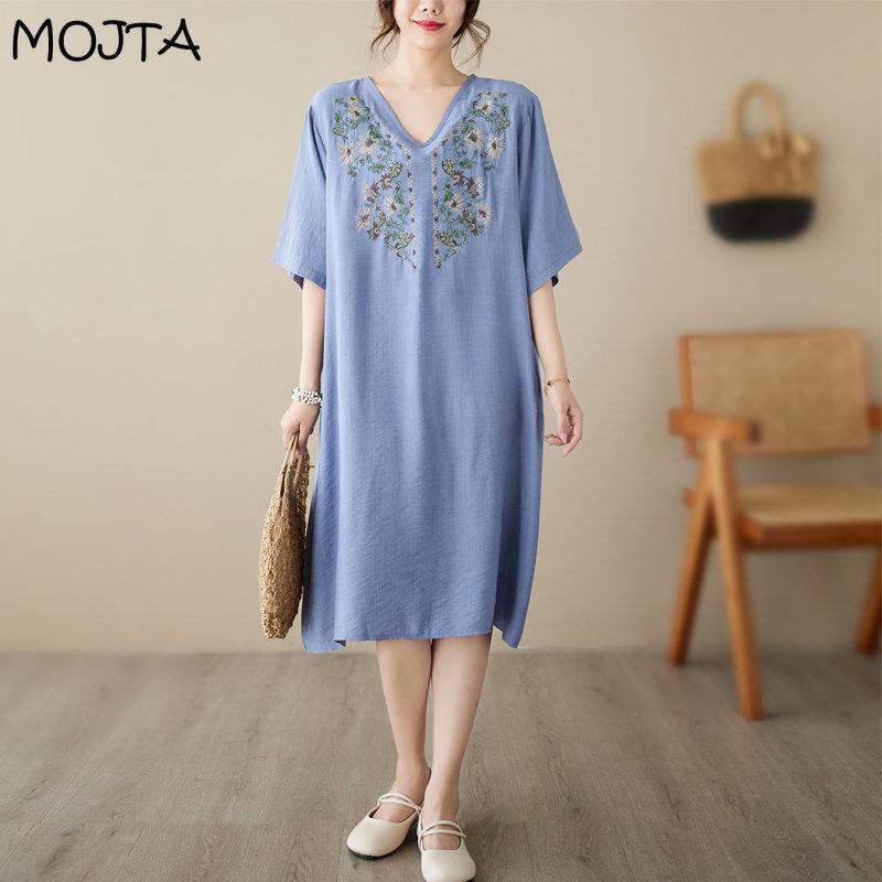 MOJTA Summer Embroidered Short-sleeved Dress Loose All-match Cotton Mid-length Skirt