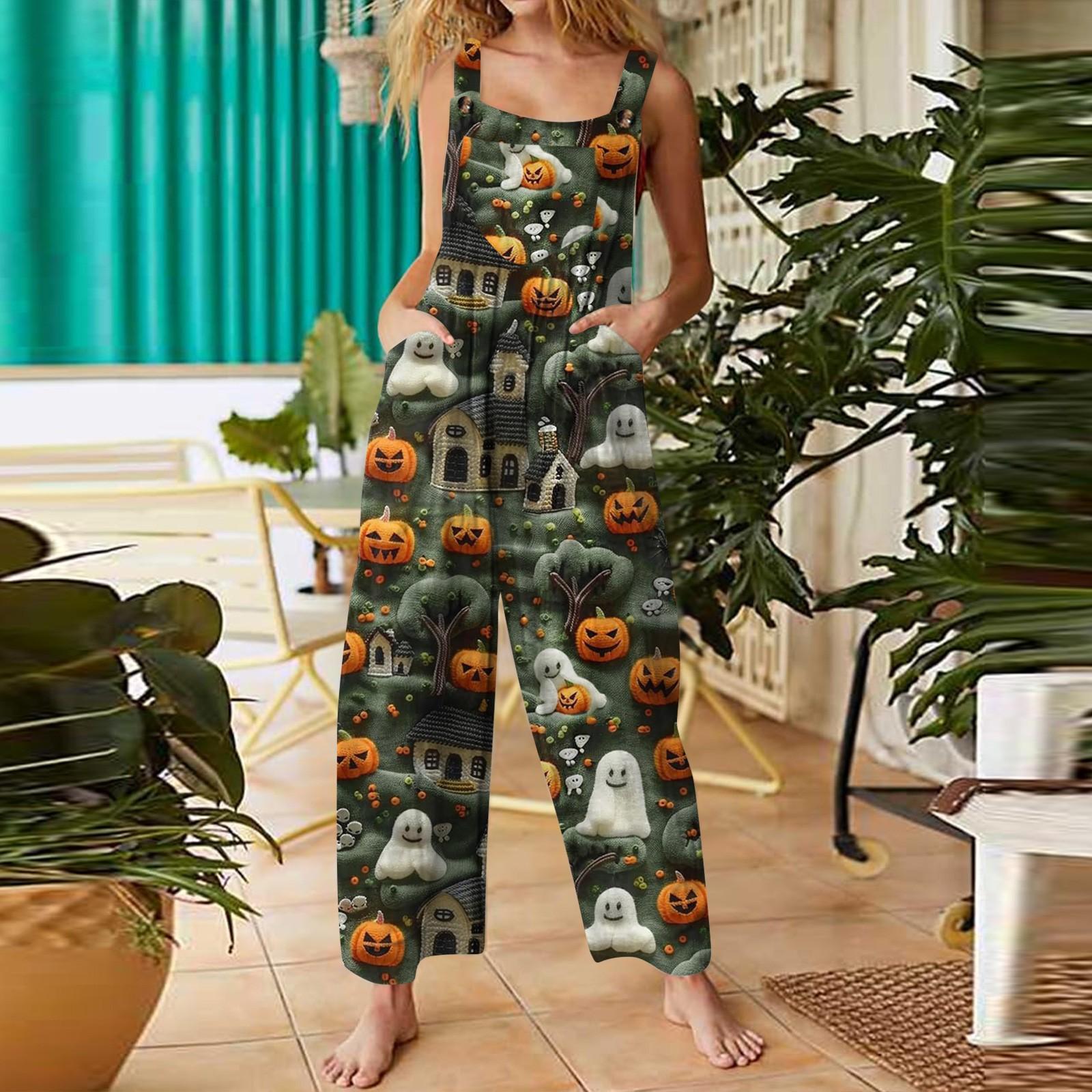 

Женский комбинезон с принтом на Хэллоуин, повседневный, свободный, в стиле ретро, из хлопка и льна, комбинезон с карманами M