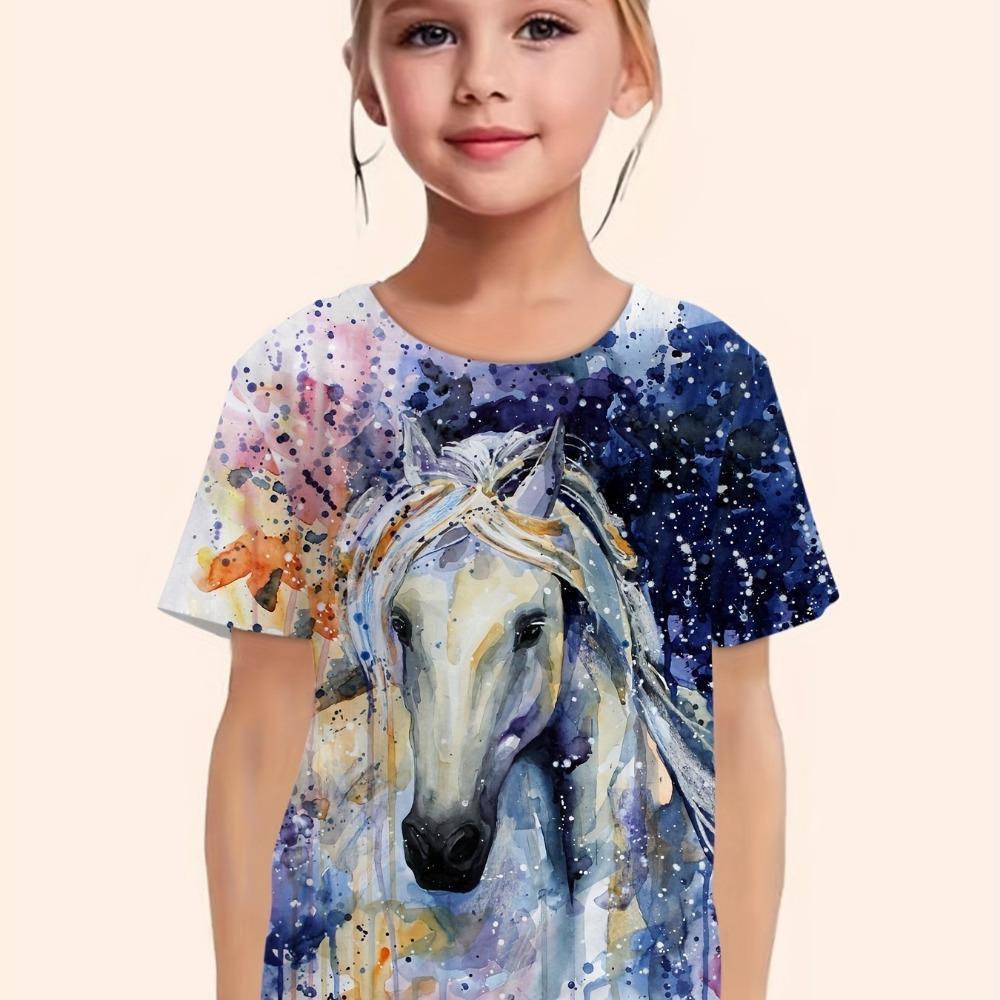 Children's Clothing Girl Clothes Short Sleeve Girl T-Shirt Casual Vintage Horse Print Kids Summer Clothes Girl Top O-Neck Tee S