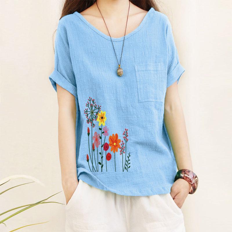Camicetta da Donna in Cotone e Lino, Taglia L Manica Corta, con Tasche e Stampa Fiore di Giglio Maglietta in Cotone e Lino