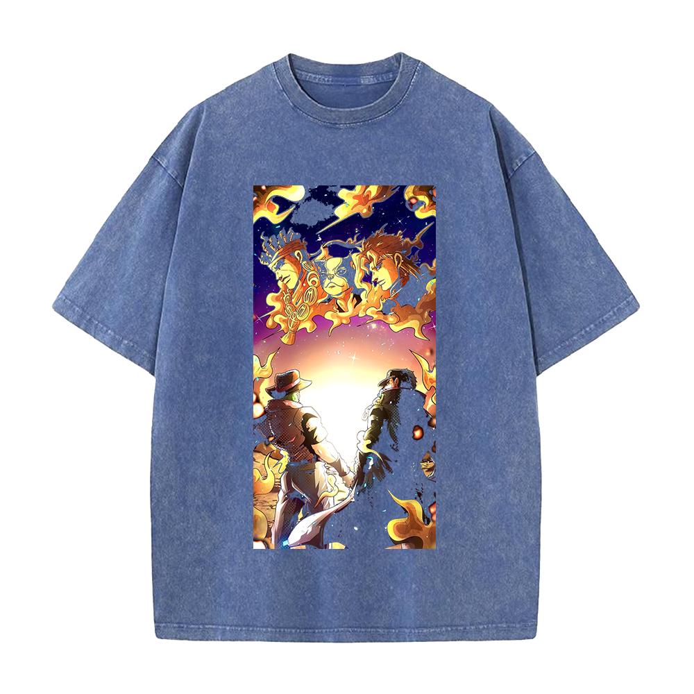 JoJo's Bizarre Adventure Stardust Crusaders Joutarou Joseph Print T-shirt Men Women Cotton Tshirt Retro Washed T Shirt Manga Top