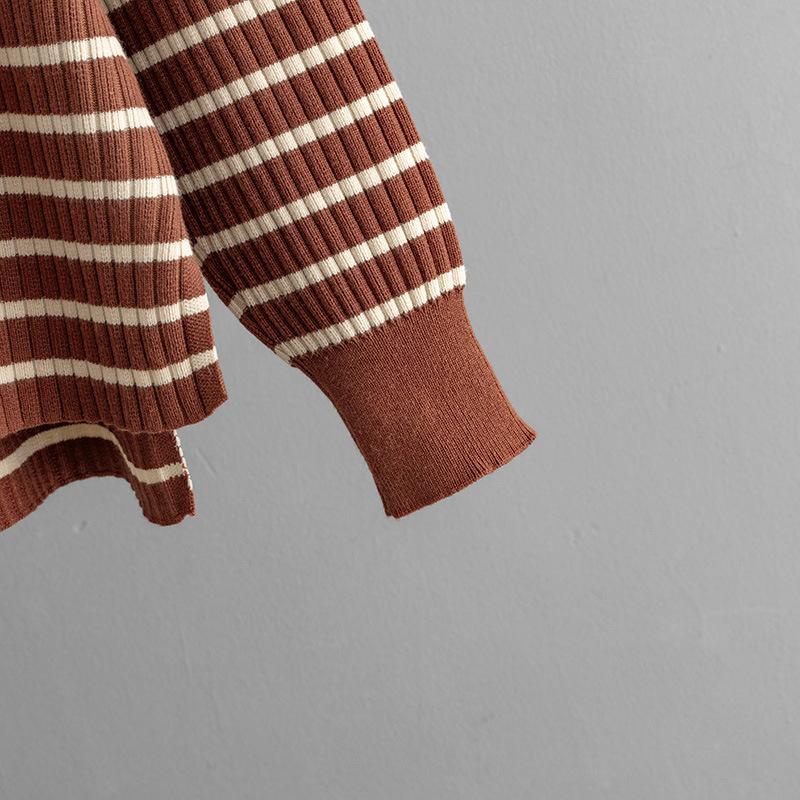 Fall Winter Lazy Wind Loose High Collar Pulllover Sweater Suit Women's Stripe Long Sleeve Knit Wide Leg Pants Two Piece Set