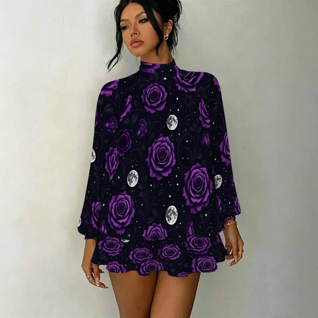 Women's 3D Halloween Motif Print Mock Neck Long Sleeve Dress, Raglan Sleeve Fake Two Piece Mini Dress