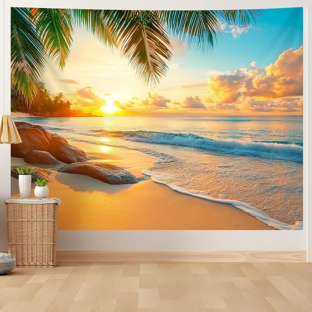 Tropical Sunset Beach Tapestry Wall Hanging Polyester Decor Ocean Palm Leaves Boho Style Print for Bedroom Living Room Decoratio