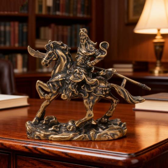 Figurine Générale en Laiton Rétro Guan Yu sur Cheval de Guerre Statue Vieillie Sculpture de Bureau de Collection pour Étagère Vitrine