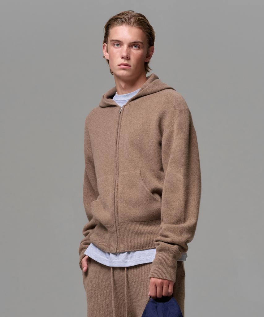 Era Men Cashmere Blend Zip Knit Hoodie - Neutral Brown