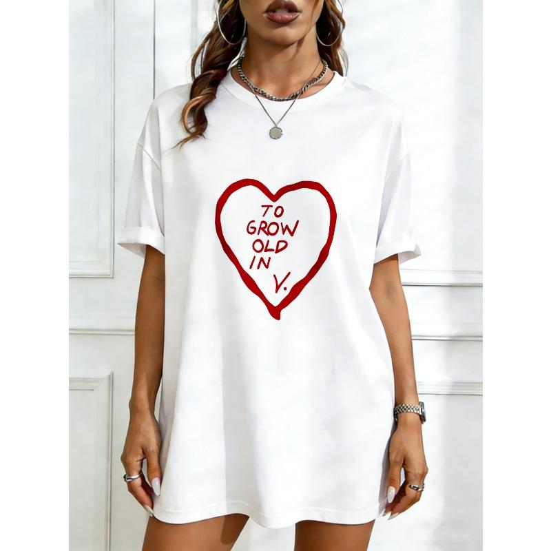 

Oversized T Shirt Dress Black Heart Print To Grow Old In V Casual Wear XXXXL білий