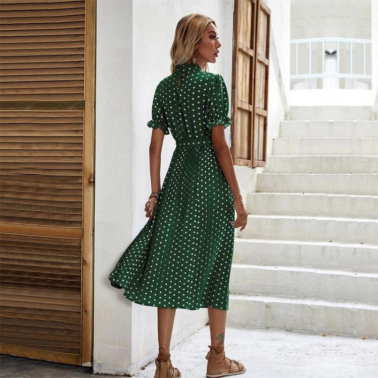 Women's Polka Dot Printed Dress Casual Crew Neck Tie Pleated Spring Summer Short Long Sleeve Mediumn