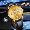 NIBOSI Men's Watch Black Leather Strap Chronograph Waterproof Brand Analog Business Wristwatch Stylish Casual Big Face Gentleman Luxury Gift Gold