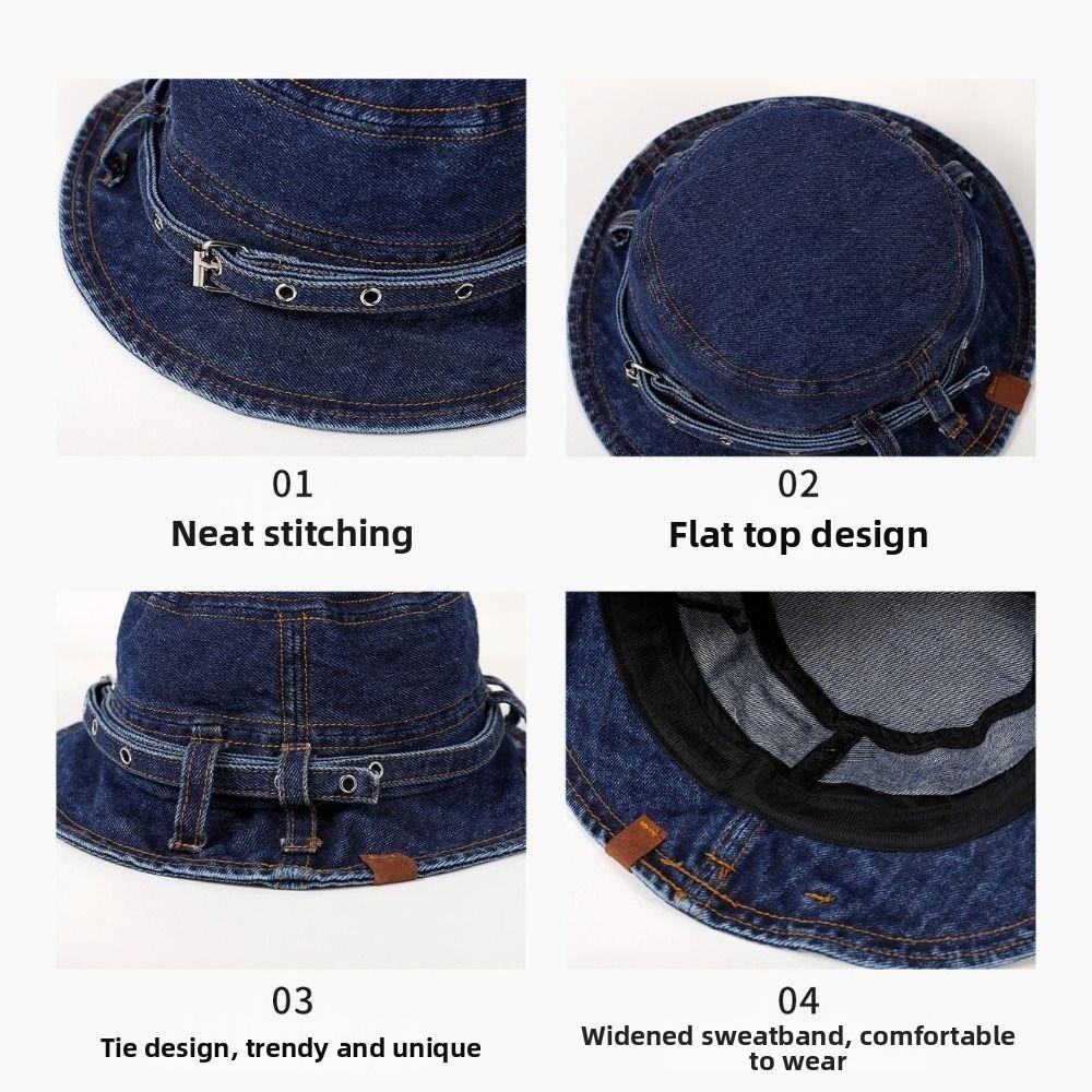 Retro Style Wash Denim Bucket Hats Wash Denim Belt Design Belt Design Caps Versatile Design Sun Protection Japanese Retro Caps
