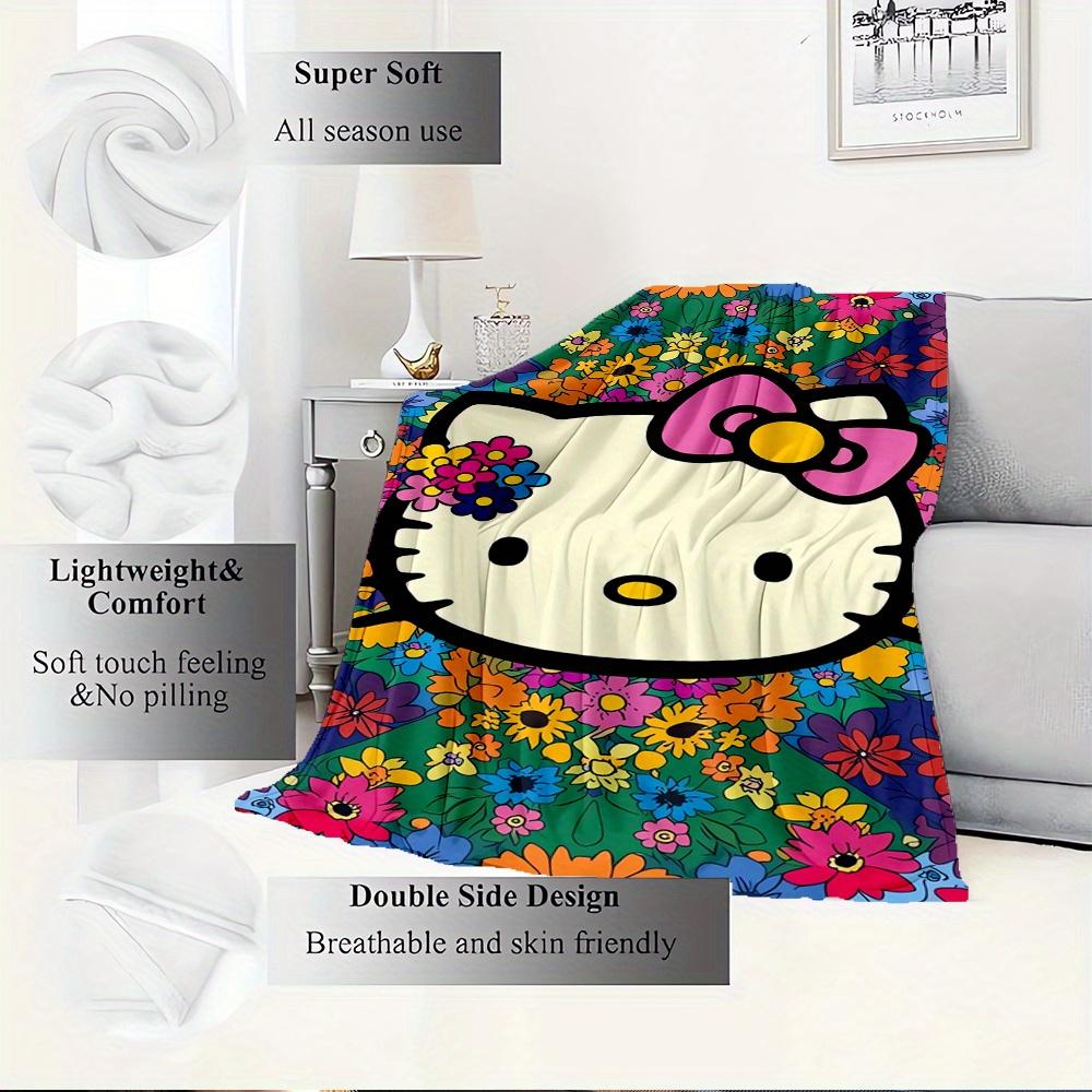 For Hello Kitty, Floral Pattern, Cartoon CharacterAnime-Themed Flannel Blanket, Glam Style, Digital Print, All-Season Comfort, Tear-Resistan