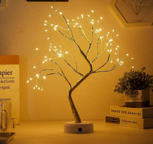 Bonsai LED Table Lamp with Pearl Gold Leaves & Silver Branches - Decorative Night Light & Christmas Tree Decor