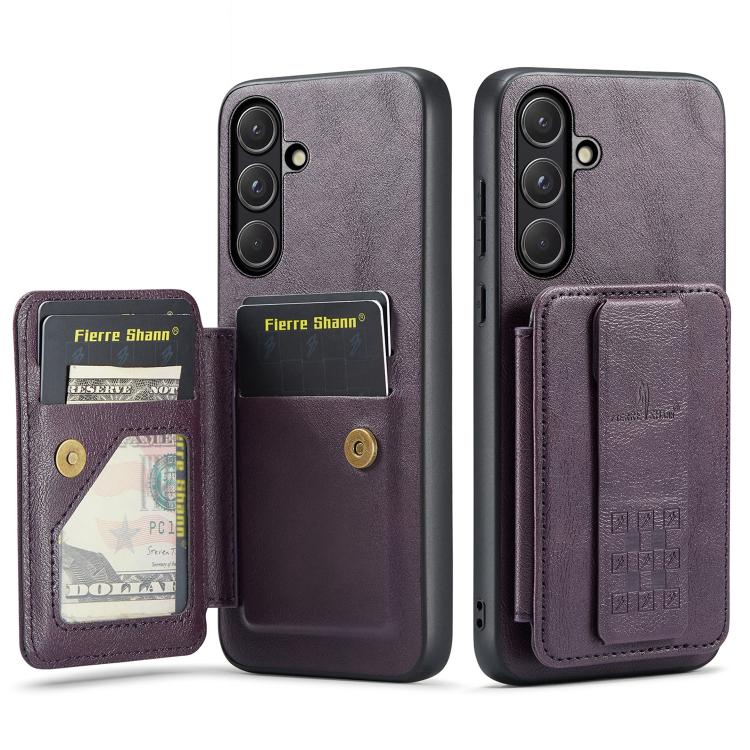 Fierre Shann FS-024 Oil Wax Cow Leather Card Holder Back Phone Case For Samsung Galaxy S26 5G фиолетовый