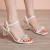 Fashion Beige Water Diamond Sandals for Women's New Crystal Summer Comfort PU Leather High Heel Open Toe Fashion Thick Heel Shoes